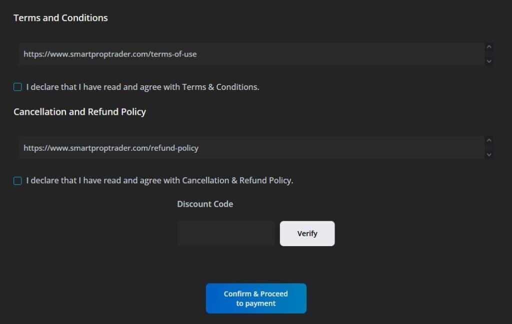 Smart Prop Trader Terms and Conditions, and Cancellation and Refund Policy with discount code section